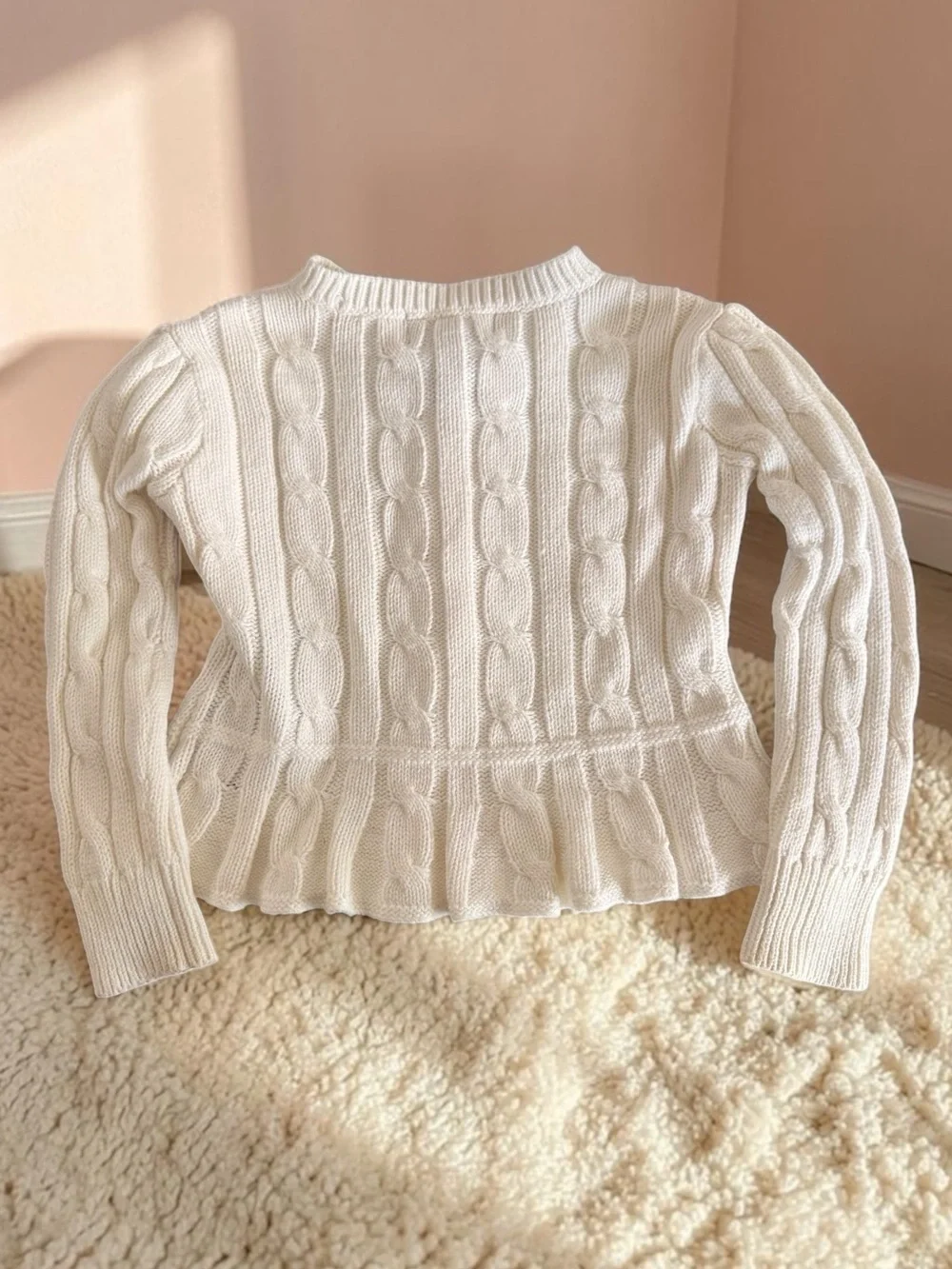 Ralph Lauren Cream Cable-Knit Peplum Cardigan with Pink Pony